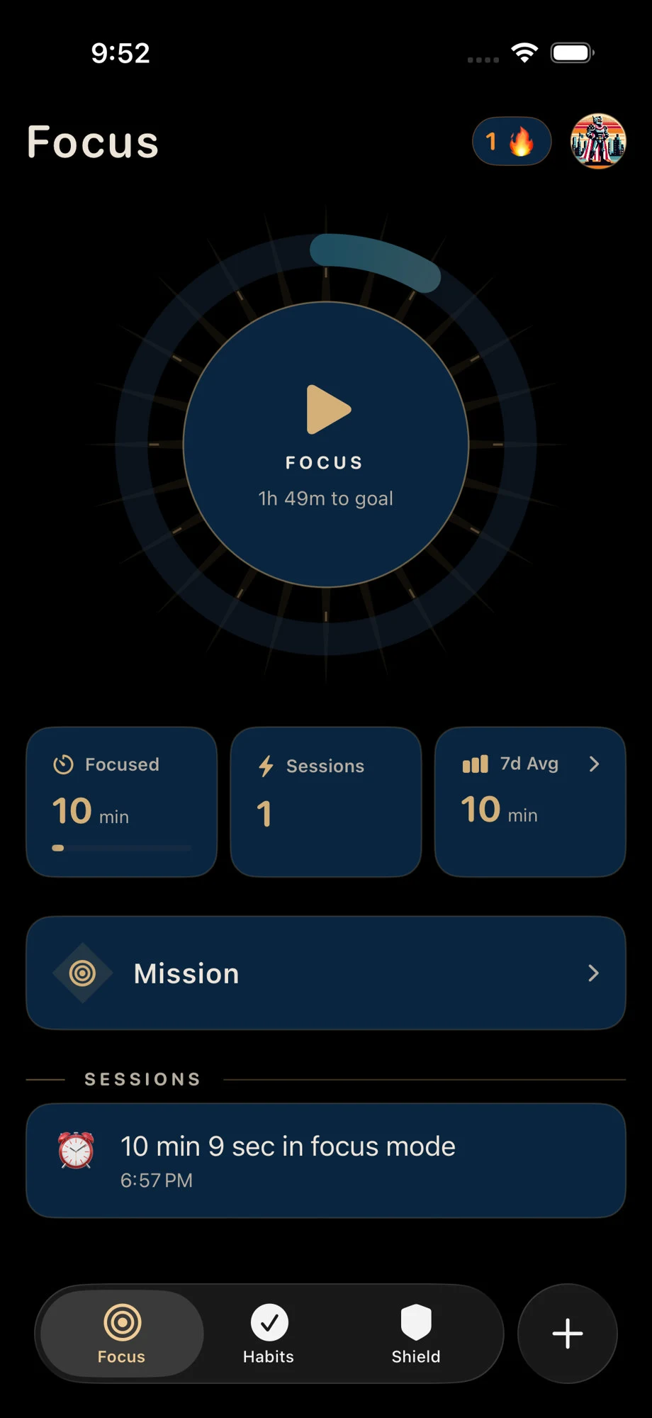 Hardcore Focus on iPhone — Focus dial, daily goal, and today's sessions